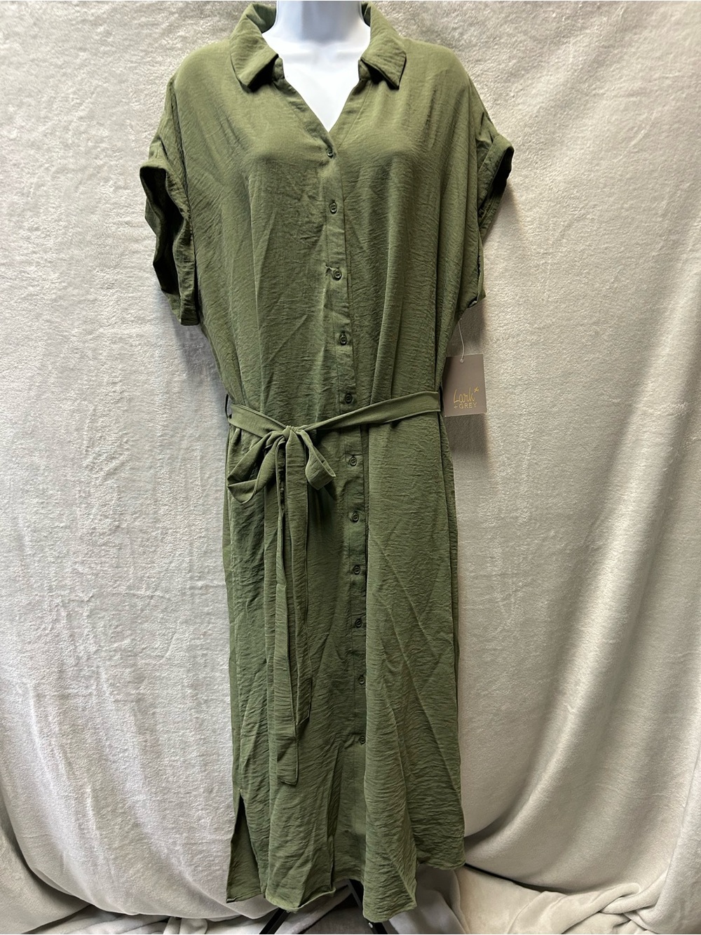NWT Button-Front Olive Green Midi Shirt Dress with Tie Waist